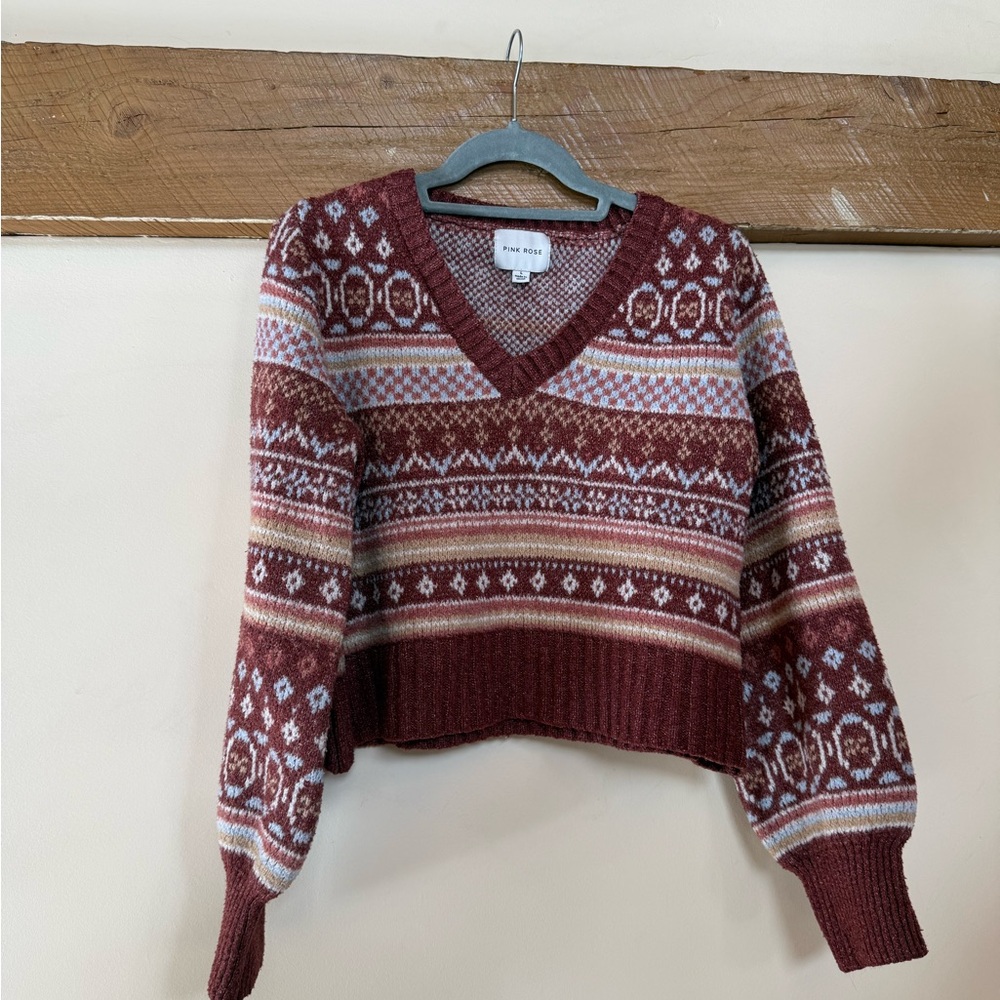 Pink Rose Rust Fair Isle V-Neck Sweater with Cream & Pink Stripes